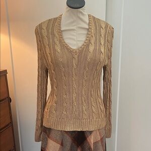 Lauren Ralph Lauren, Cable Knit V-Neck Sweater - Gold